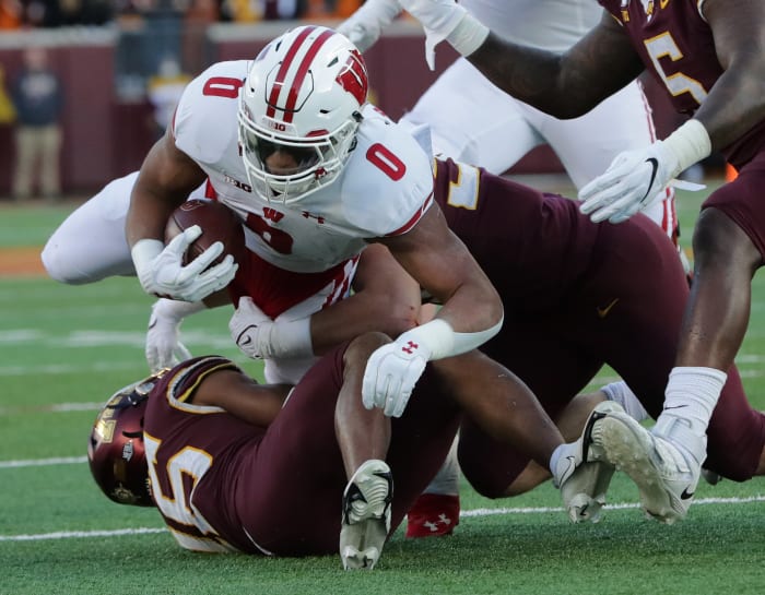 Wisconsin running back Braelon Allen pushing forward against Minnesota in 2021.